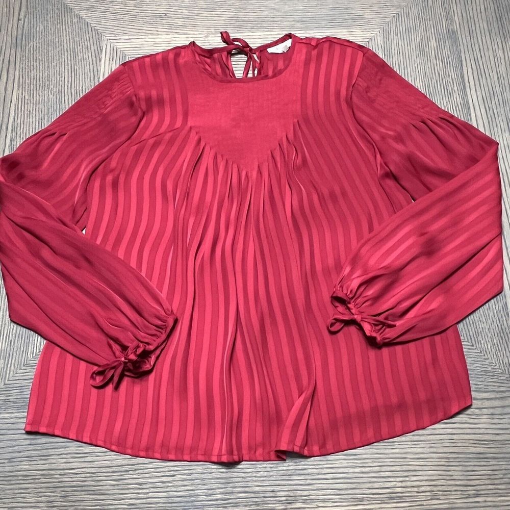 Anne French Long Sleeve‎ Red Blouse Shirt Top Pleated Tie Back Long Sleeve 12